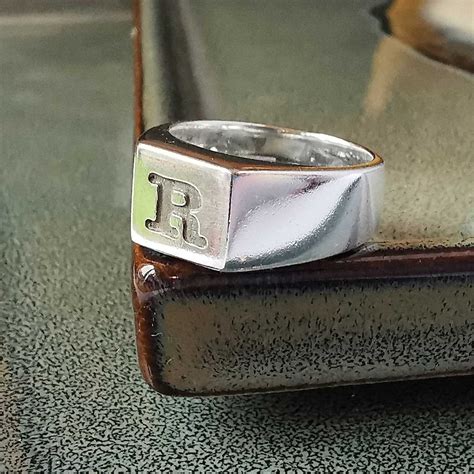 Initial Silver Signet Ring Mens Square Ring Custom Engraved Etsy