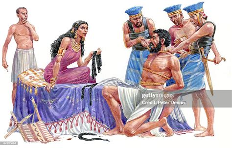 Illustration Of Delilah Sitting On Bed Holding Hair Cut From Samson Who