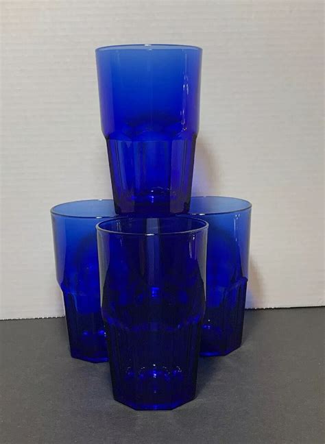 Set Of 4 Libbey Crisa Cobalt Blue 14 Oz Tumblers Glasses Paneled Base 5 5 Tall Ebay
