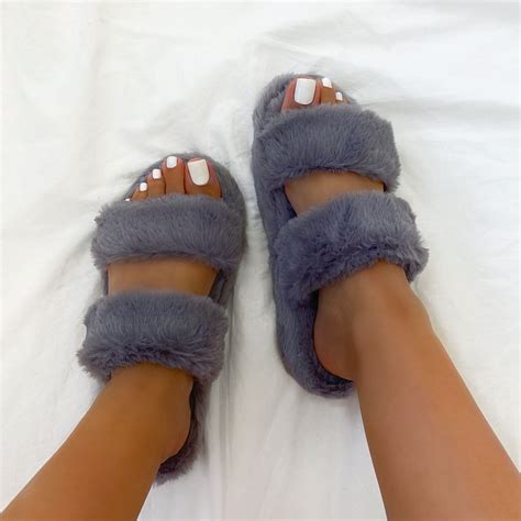 Courtney Grey Fluffy Faux Fur Double Strap Slippers