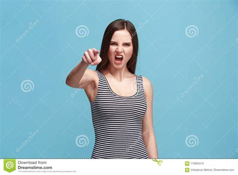 The Overbearing Woman Point You And Want You Half Length Closeup Portrait On Blue Background
