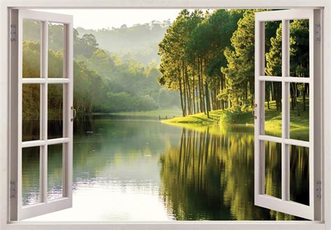 3d Window View Lake And Forest Landscape Wall Mural 3d Etsy Uk