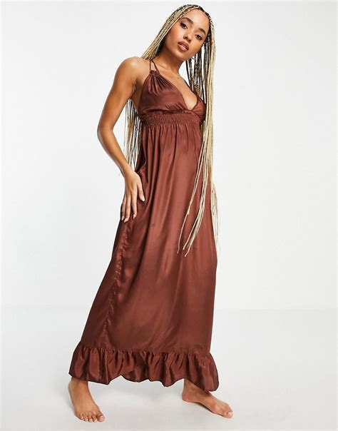 Must Have Asos Design Tiered Skinny Tie Maxi Beach Dress In Chocolate