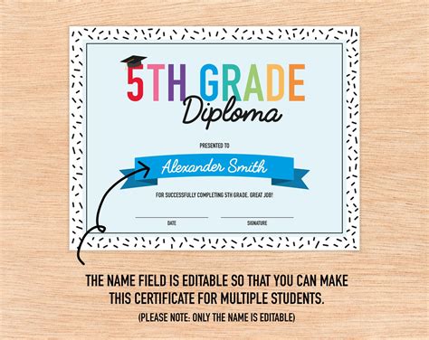 Editable 5th Grade Diploma Printable Certificate For Class Etsy