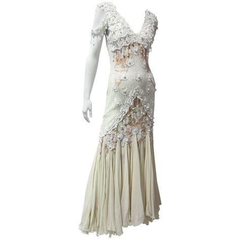 Antique White Nude Lace Slip Dress With Pearls And Chiffon Mermaid