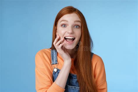 Excited Enthusiasitc Charismatic Redhead Female Friend Look Surprised Amused Touch Cheek Open