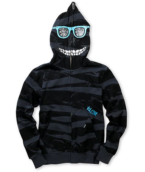 Volcom Boys Peepers Charcoal Stripe Full Zip Face Mask Hoodie At Zumiez