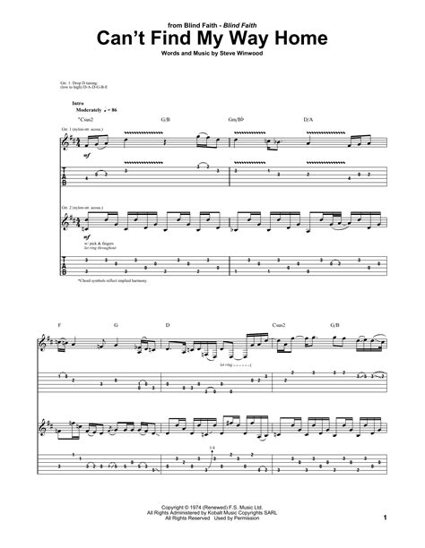 can t find my way home sheet music blind faith guitar tab
