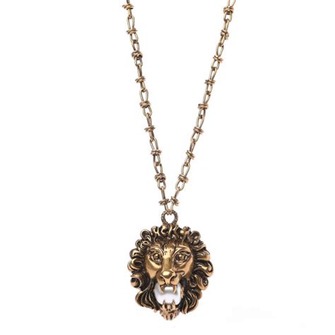 Gucci Metal Brass Pearl Lion Head Necklace Aged Gold 567024