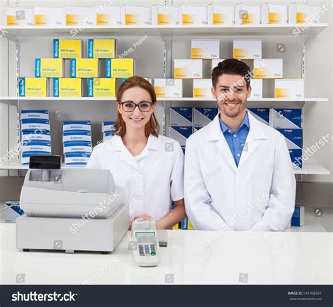 Portrait Two Happy Pharmacist Pharmacy Stock Photo 145708337 Shutterstock