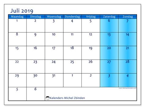Kalender Juli 2019 75mz Kalender Maandkalenders Aantekeningen