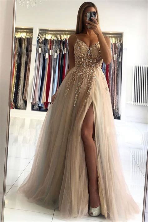 2021 Champagne V Neck Beads Long Prom Dress Champagne Evening Dress In