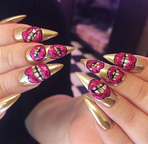 Sexy Long Sharp Gold Hot Pink Lip Design Stiletto Nails I Would