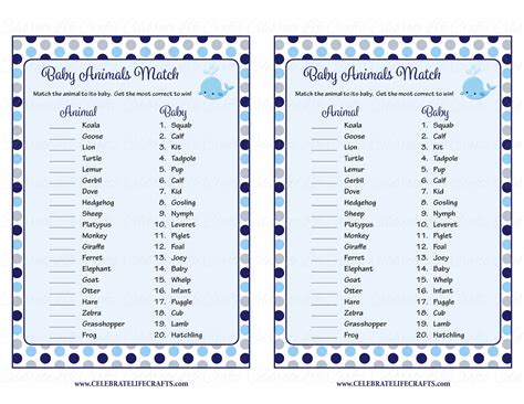 Baby Animals Match Baby Shower Game Whale Baby Shower Theme For Baby