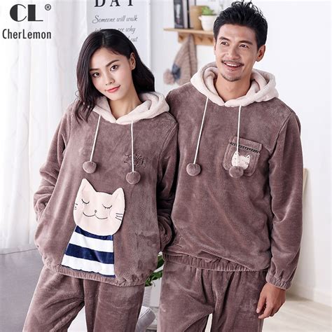 cherlemon couples cartoon cat thicken flannel fleece hooded pajamas women and mens winter warm