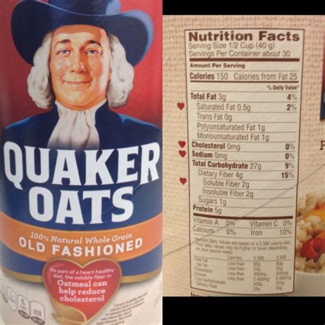 2,000 calories a day is used for general nutrition advice. Quaker Oats, 100% Natural Whole Grain Old Fashioned ...