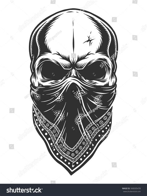 Illustration Of Skull In Bandana On Face Monochrome Line Work