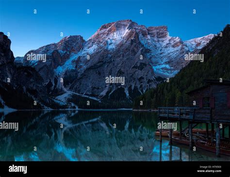 Daybreak At Lake Prags South Tyrol Stock Photo Alamy