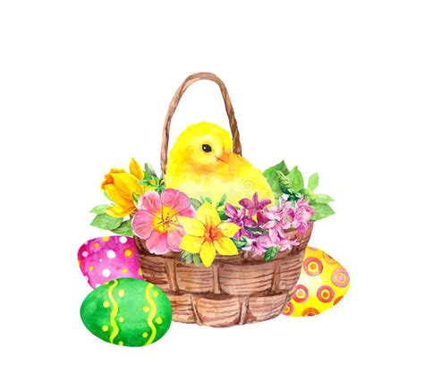 Easter Basket With Colored Eggs Flowers Cute Little Chick Watercolor