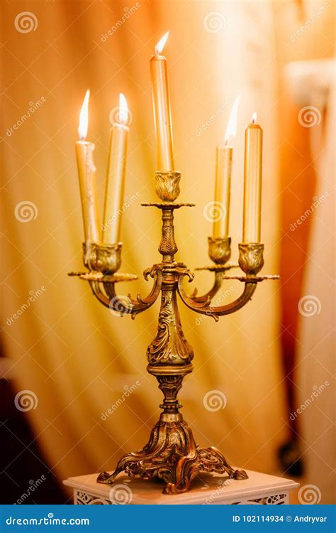 Burning Old Candle Vintage Silver Bronze Candlestick Stock Photo