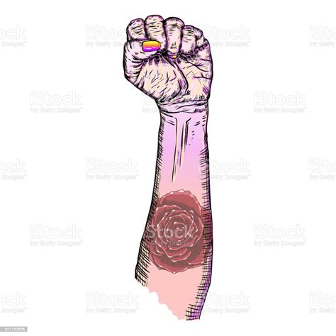 Womans Hand Fist Raised Up Freedom Sign With Rose Flash Tattoo Wrist In