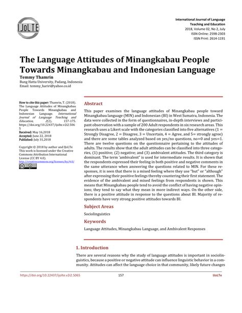 Pdf The Language Attitudes Of Minangkabau People Towards Minangkabau