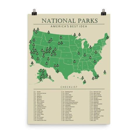 National Park Map Checklist Poster Map Art T For Hiker Or Etsy