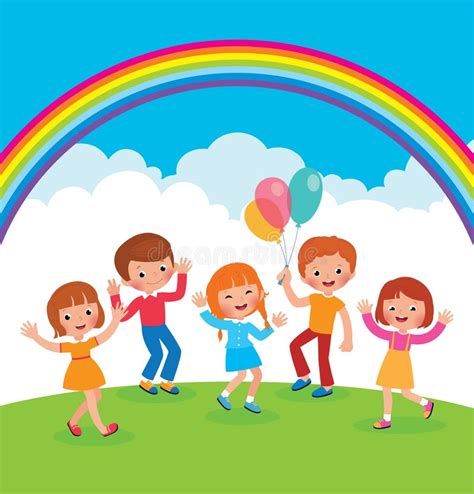 Group Of Cheerful Children With Balloons Playing On The Lawn Vector