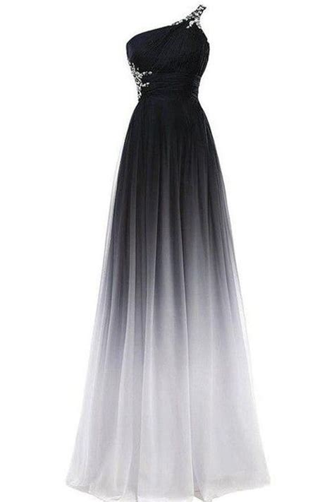 A Line Chiffon Black And White One Shoulder Prom Dresses Long Ombre Evening Dresses On Sale