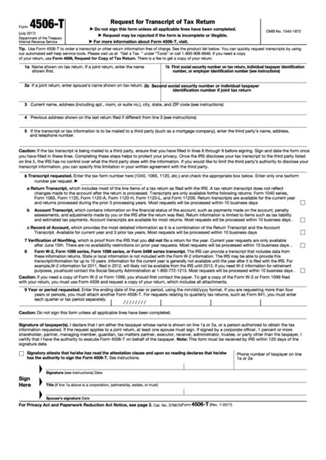 Fillable Form 4506 T Request For Transcript Of Tax Return Printable