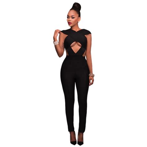 Women Black Cross Collar Halter Backless Hollow Out Sexy Skinny Bandage Overalls Jumpsuits