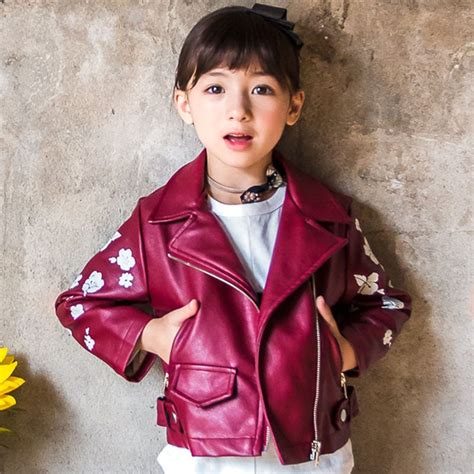 Autumn Kids Jacket Pu Leather Coat Girls Embroidery Flower Clothes
