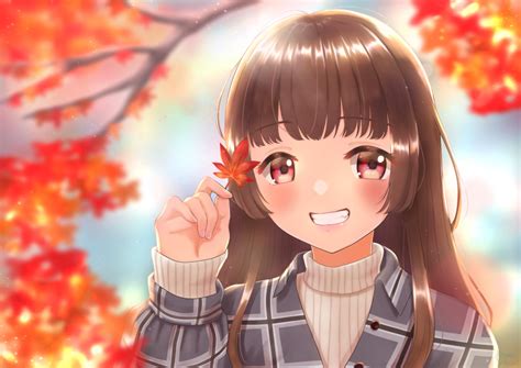 Safebooru 1girl Absurdres Autumn Leaves Blurry Blurry Background Brown Hair Day Hand Up