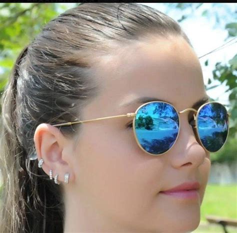 Óculos De Sol Lente Espelhada Moda Praia Feminino Luxo R 289 90 Cor Azul Redondo 101246