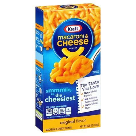 Happily, the flavor we grew up with shouldn't be affected, only the hue (the artificial food coloring responsible for its electric orange color is getting the boot). Kraft Macaroni & Cheese Dinner Original 7.25 oz : Target