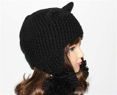 Crochet Cat Ears Hat Cat Ears Beanie Black Cat Beanie Hat Etsy