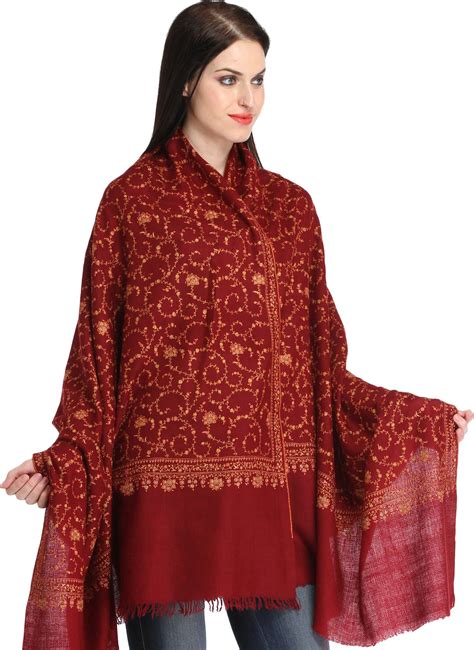 Maroon Kashmiri Pure Pashmina Shawl With All Over Sozni Hand Embroidery