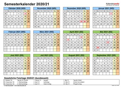Semesterkalender 202021 Für Excel Zum Ausdrucken