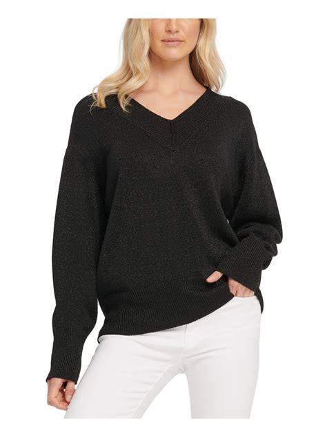 Dkny Womens Black Glitter Long Sleeve V Neck Sweater Size Xs Ebay