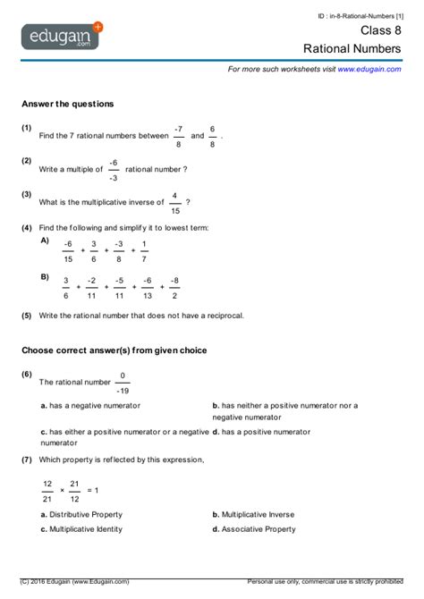Rational Numbers Worksheet Grade 8 Cbse Pdf