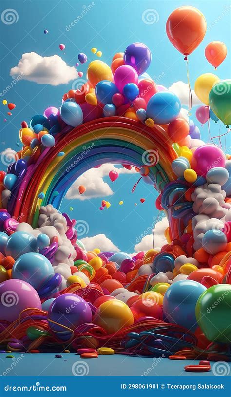 A Colorful Balloons Rainbow And Clouds Party Background Stock