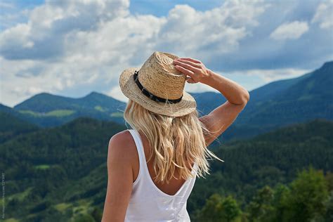 Blonde Travel Woman Looking Over Scenic Landscape Valley View On By