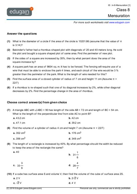 Roman numeral worksheets measurement percentage ratio finding slope algebraic expressions geometry worksheets graph paper generator polynomials linear equations scientific notation worksheets percent to ratio. Grade 8 Math Worksheets and Problems: Mensuration | Edugain USA