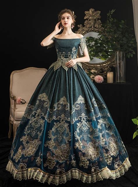 dark green ball gown lace appliques off the shoulder drama show vintage gown dress victorian