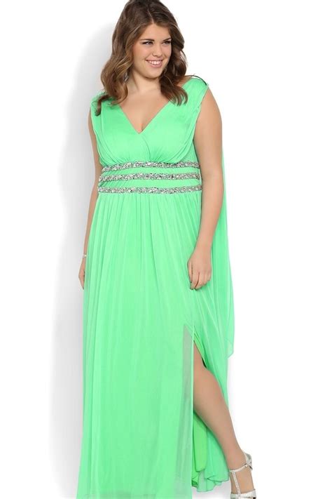 Plus Size Long Prom Dress With Plunging Neckline And Stone Trim Waist