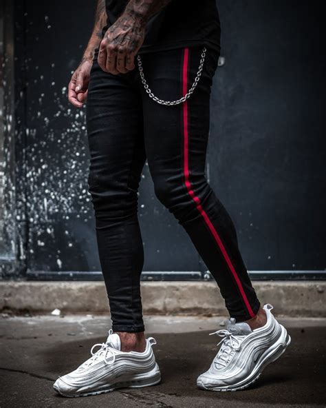 2019 Mens Skinny Jeans Black Side Striped Denim Stretch Jeans Men