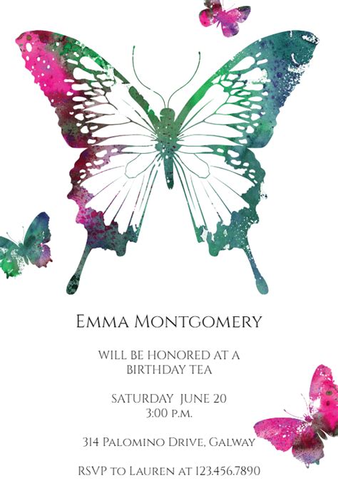 watercolor butterflies birthday invitation template