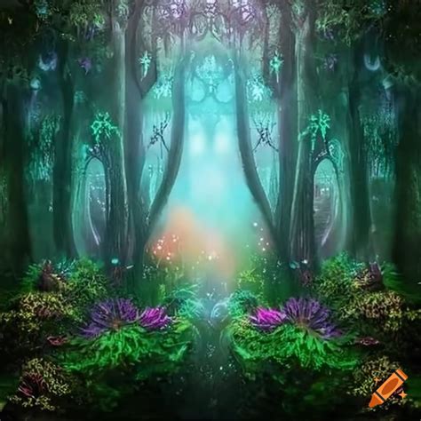 A Magical Fantasy Forest With Sparkles And Flowers