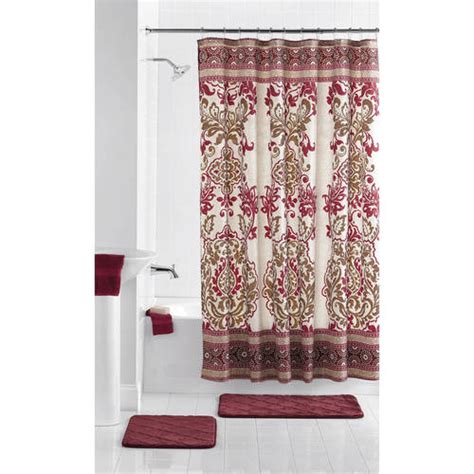Mainstays Damask Scroll Fabric Polyester Shower Curtain Bath Set Red