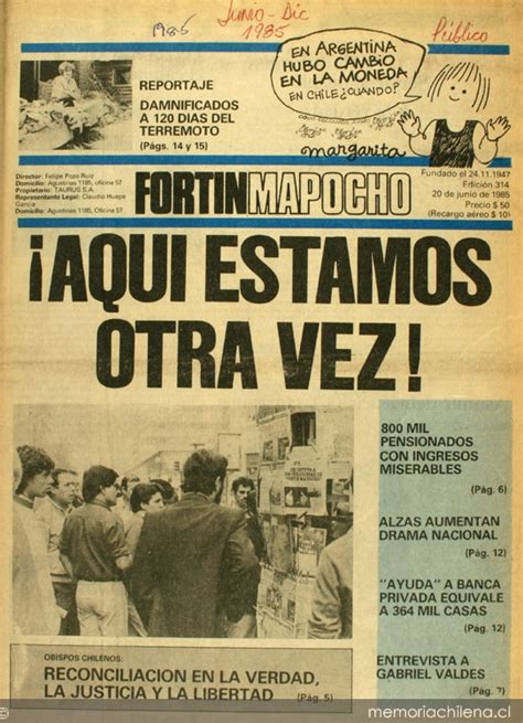 Portada de Fortín Mapocho número 314 20 de junio de 1985 Memoria